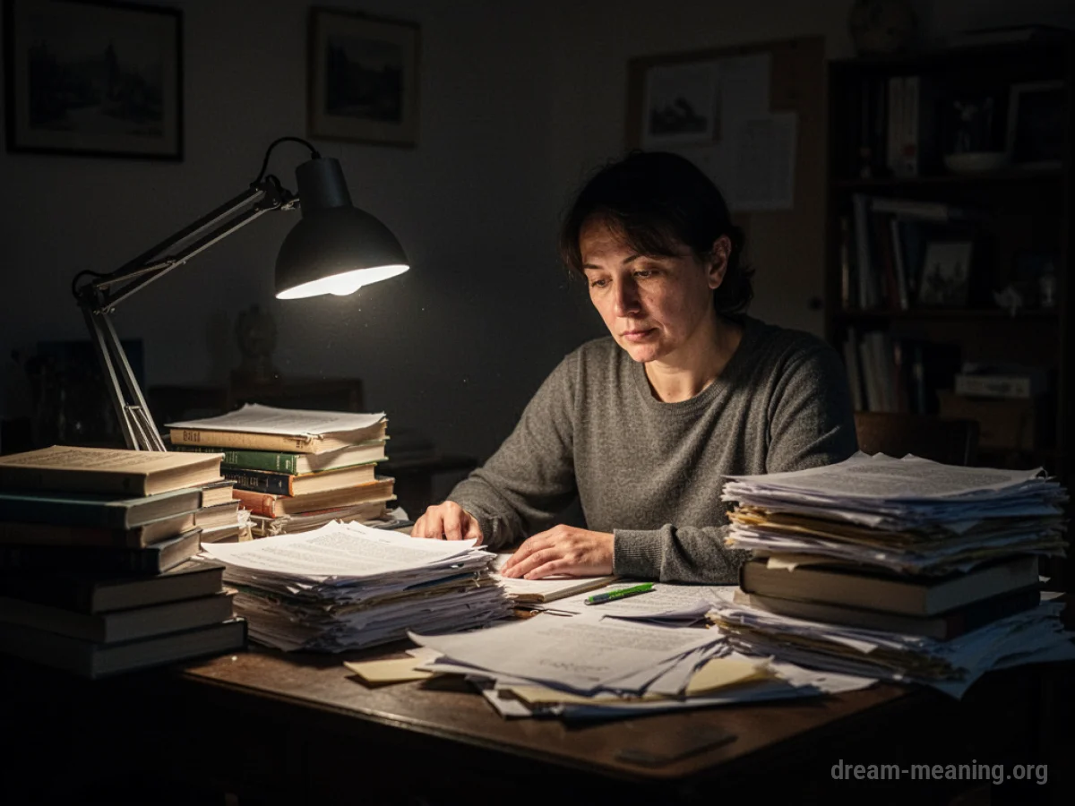 A person hunched over a desk piled high with documents in a dimly lit space.