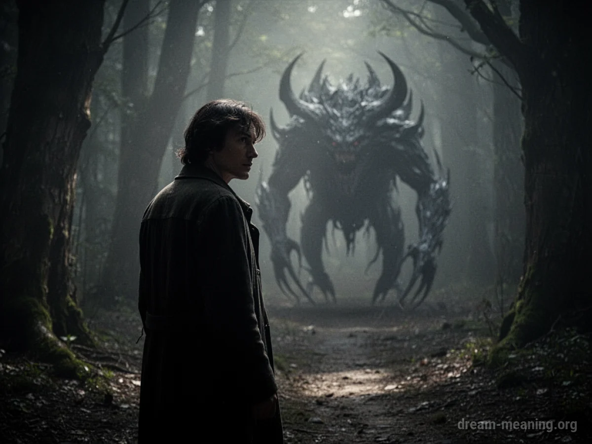 A shadowed figure looks back towards a blurry, ominous shape in the distance.