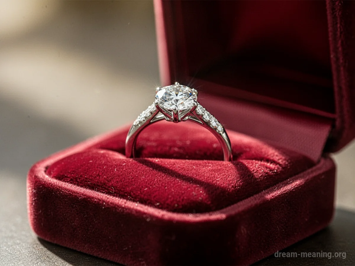 An engagement ring with a sparkling diamond on a velvet cushion.