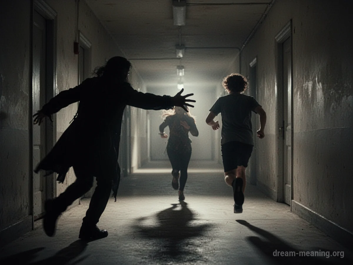 Silhouette of a person running away from a dark, indistinct figure.
