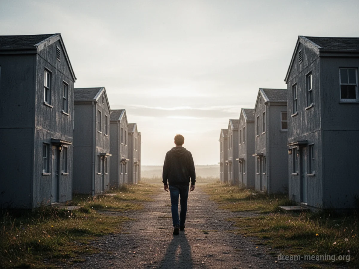 Silhouette of a person walking away from a row of identical buildings towards a bright sky.