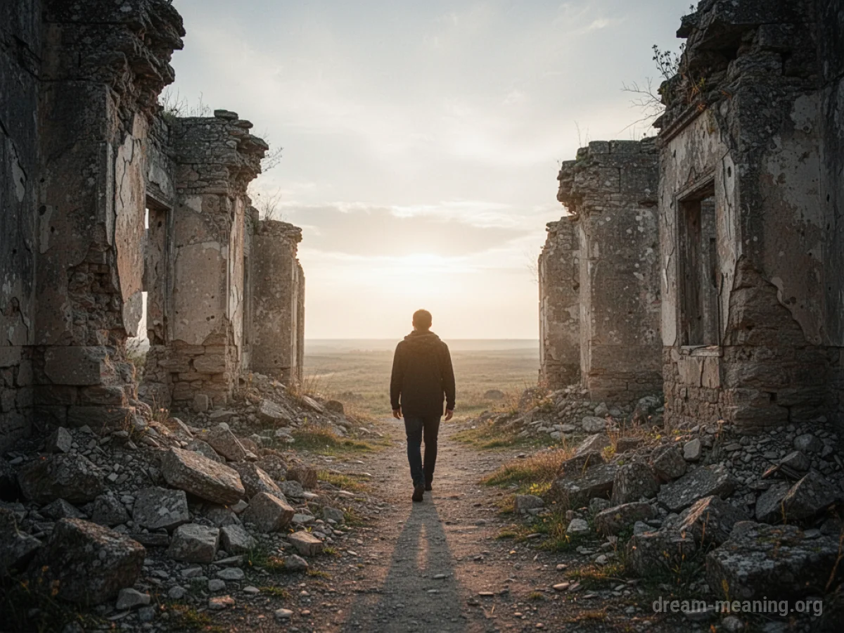 A person walking away from broken stone buildings towards a bright sky.