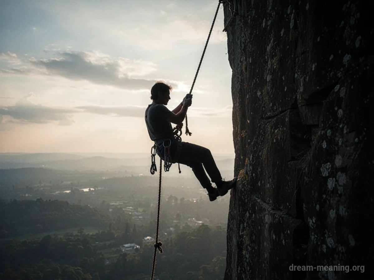 Silhouette of a person descending a rope from a high ledge.