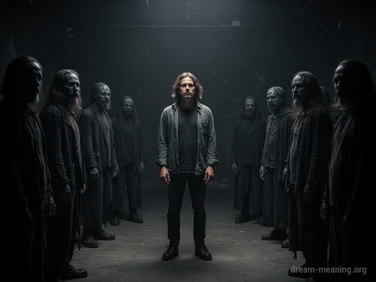 Silhouette of a person surrounded by indistinct figures in a dark space.