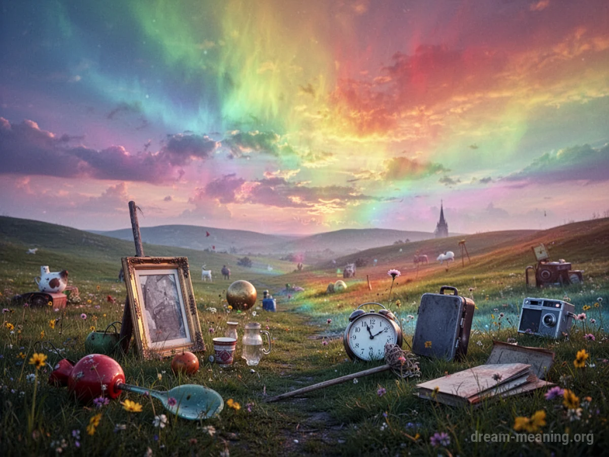 A landscape filled with vibrant rainbow colors emanating from objects and the sky.