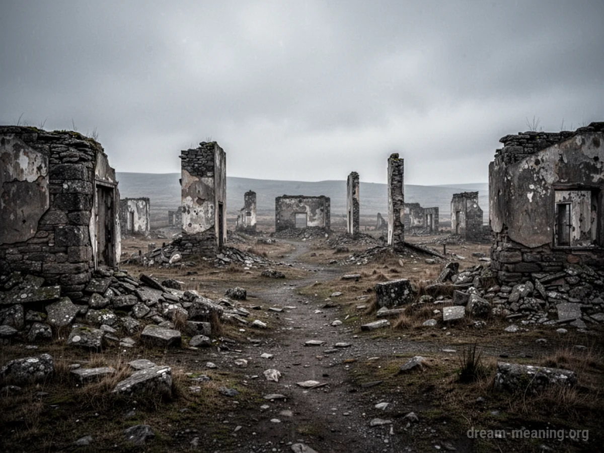 Crumbling stone structures in a desolate landscape.