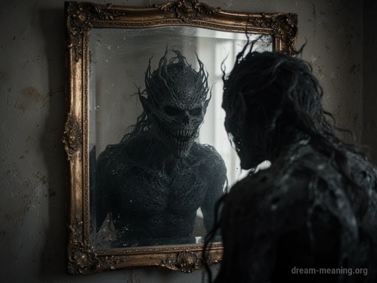 A dark, distorted silhouette of a person in a mirror.