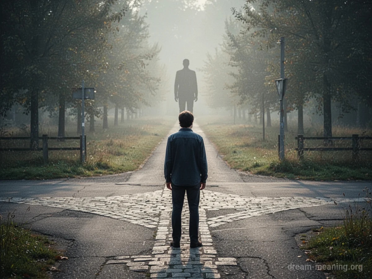 A person at a crossroads looking back at a distant figure.