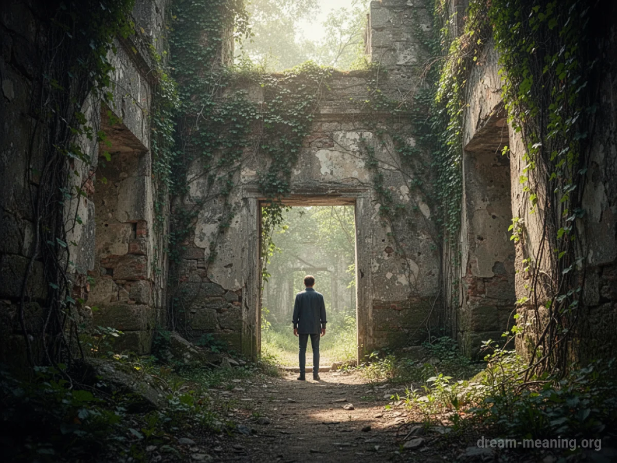 A person stands before a crumbling stone structure covered in vines.
