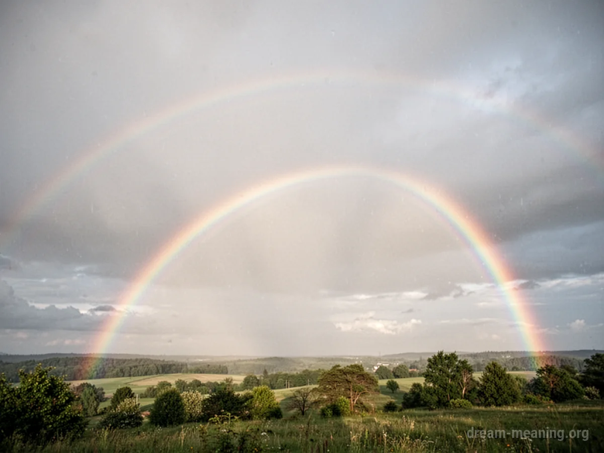 A pale, washed-out rainbow against a cloudy sky.