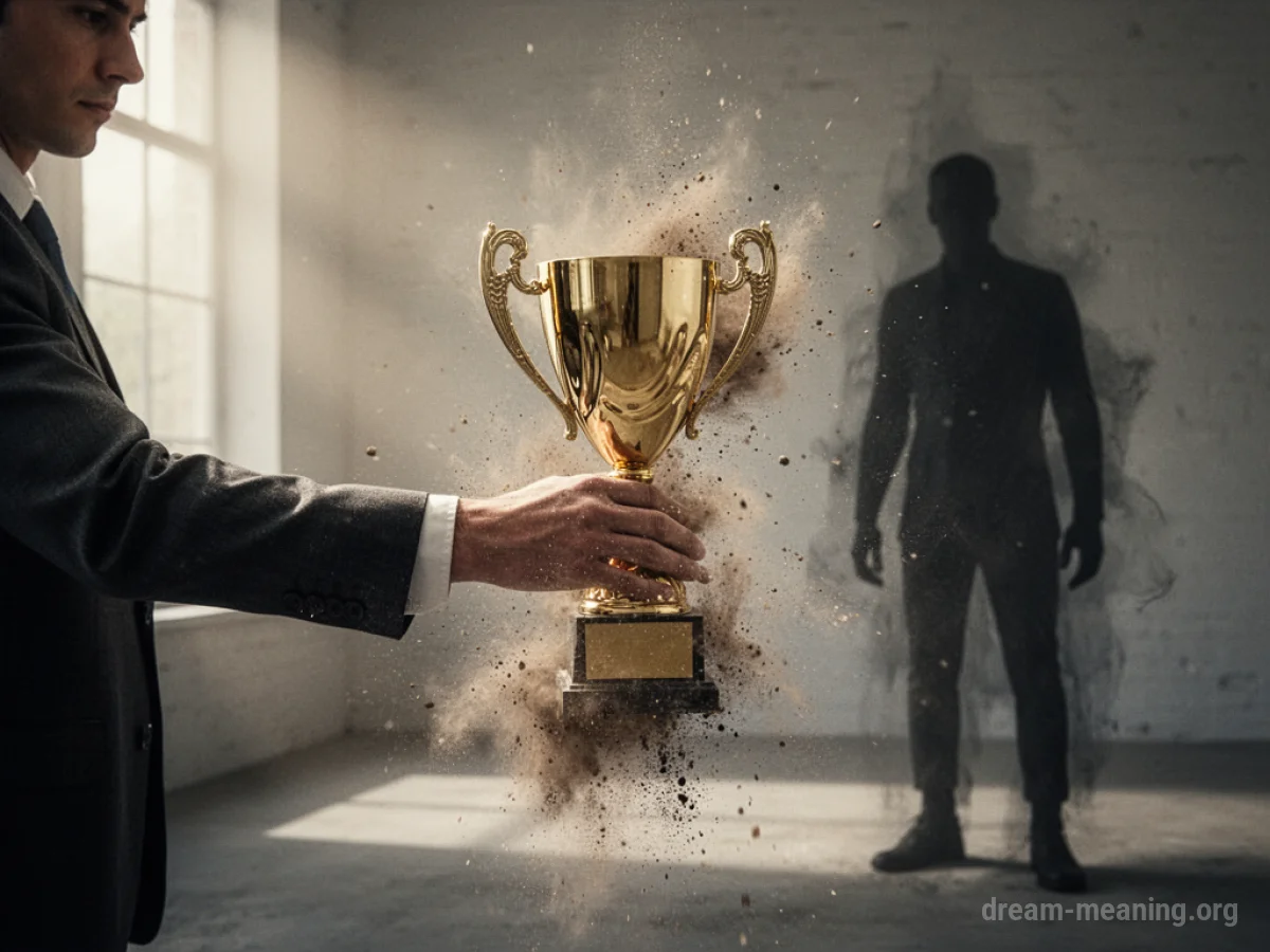 A hand reaching for a golden trophy that is turning into dust, with a shadowy figure in the background.