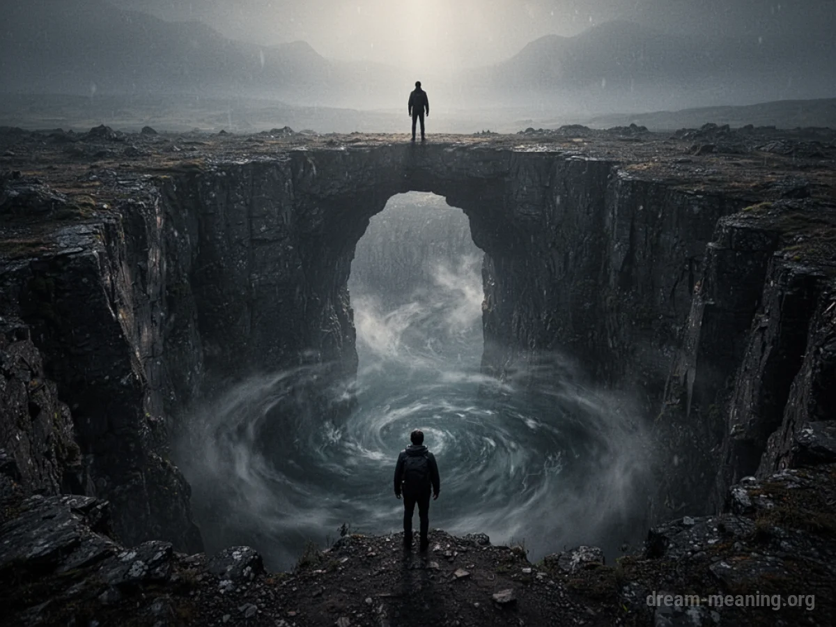Silhouette of a person at the edge of a deep, dark abyss.
