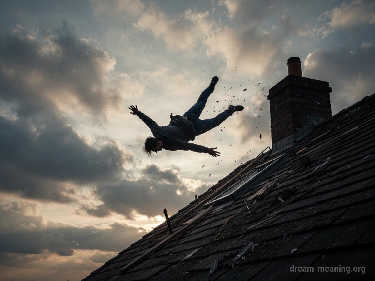 Silhouette of a person in mid-air falling from a roof.