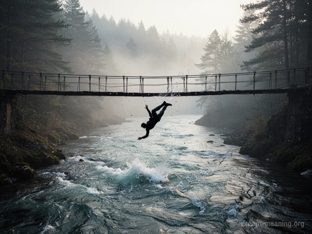 Silhouette falling from a bridge into a river.