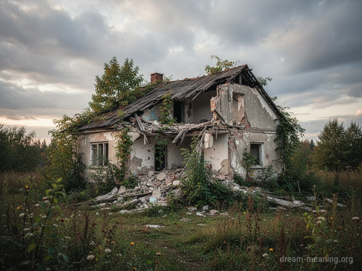 A damaged house with rubble in front and vines growing on its walls.