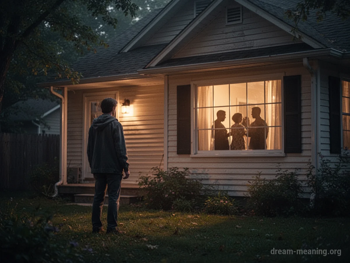 A person stands in the dark outside a house with people inside.
