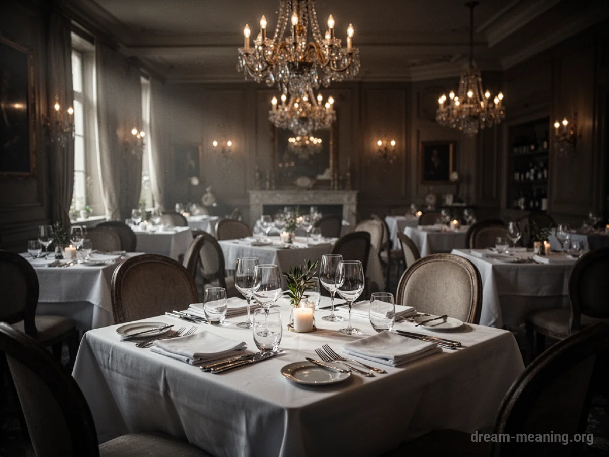 An elegant, dimly lit restaurant interior with formal table settings.