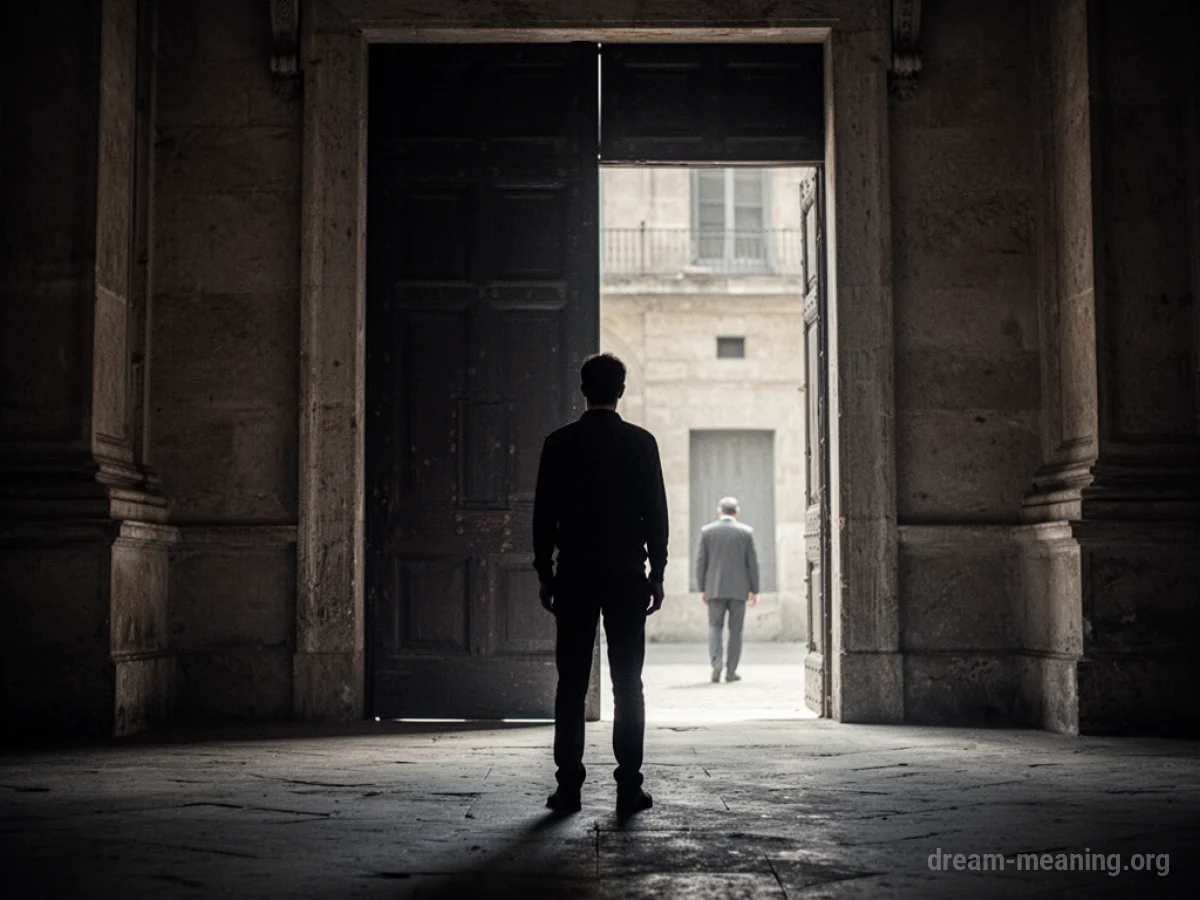 Silhouette of a person facing away from a large doorway, with a distant male figure turned away.