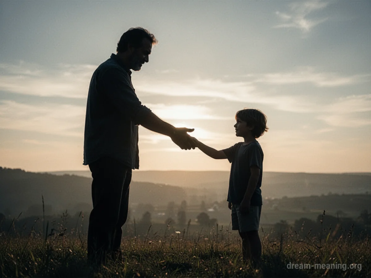 A silhouetted father figure reaching out to a smaller silhouetted figure.