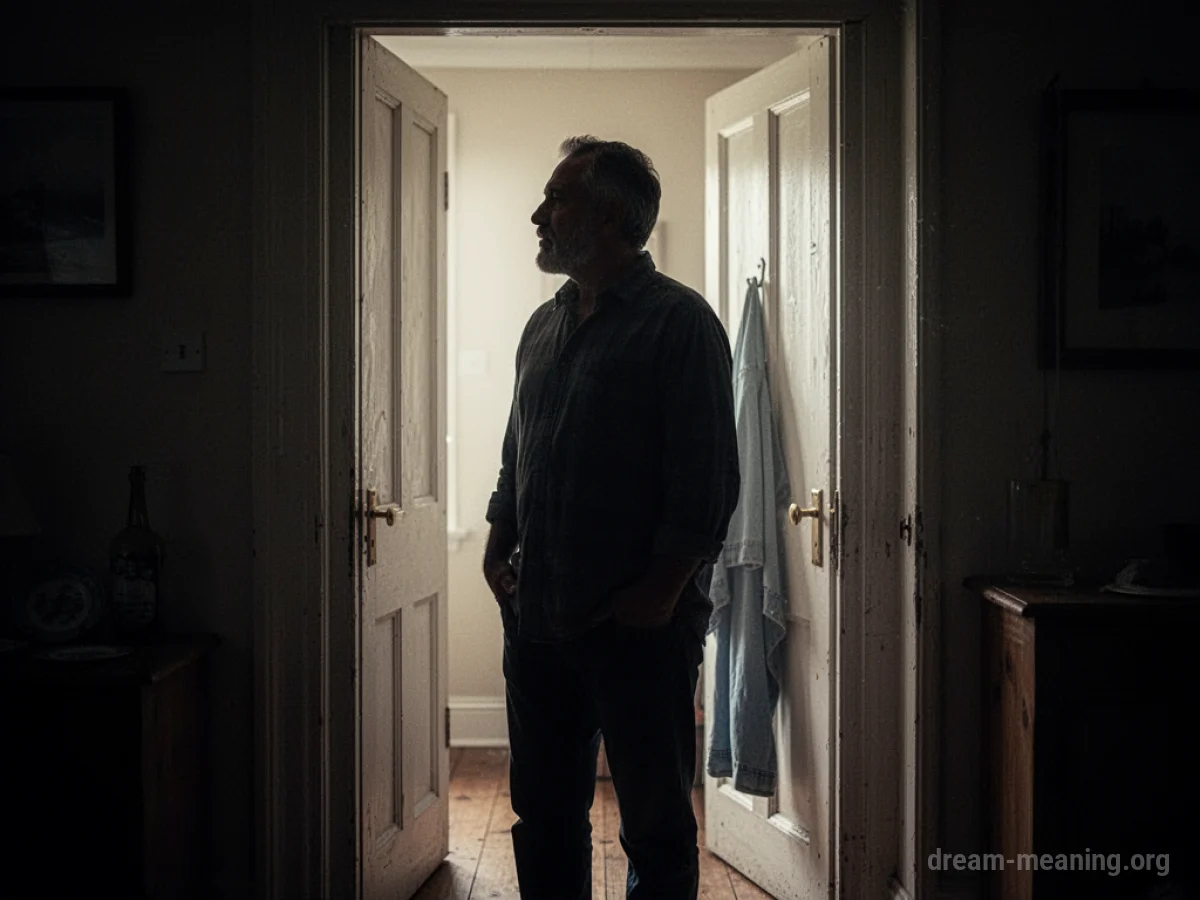 Silhouette of a man standing in a bright doorway.