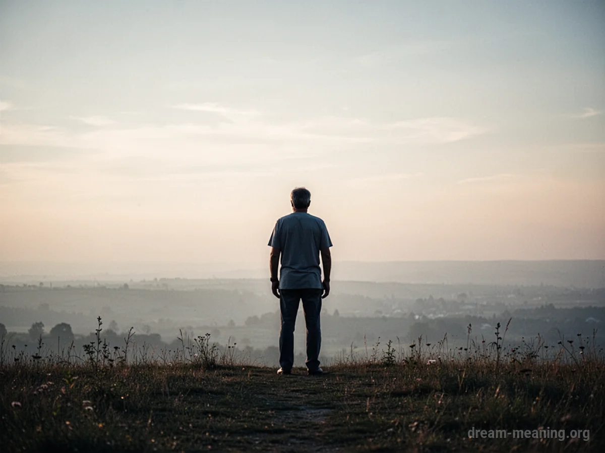 Silhouette of a man standing in a distant, blurred landscape.