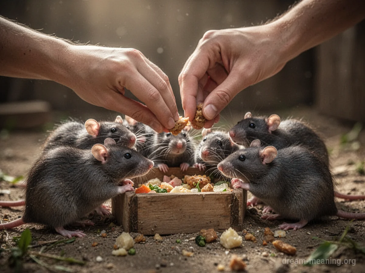 Hands offering food to a group of rats.