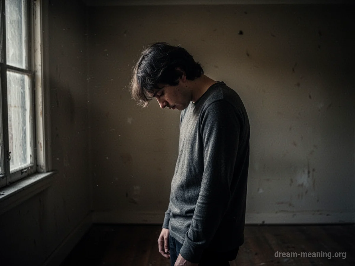 A person with slumped shoulders in a dark room.