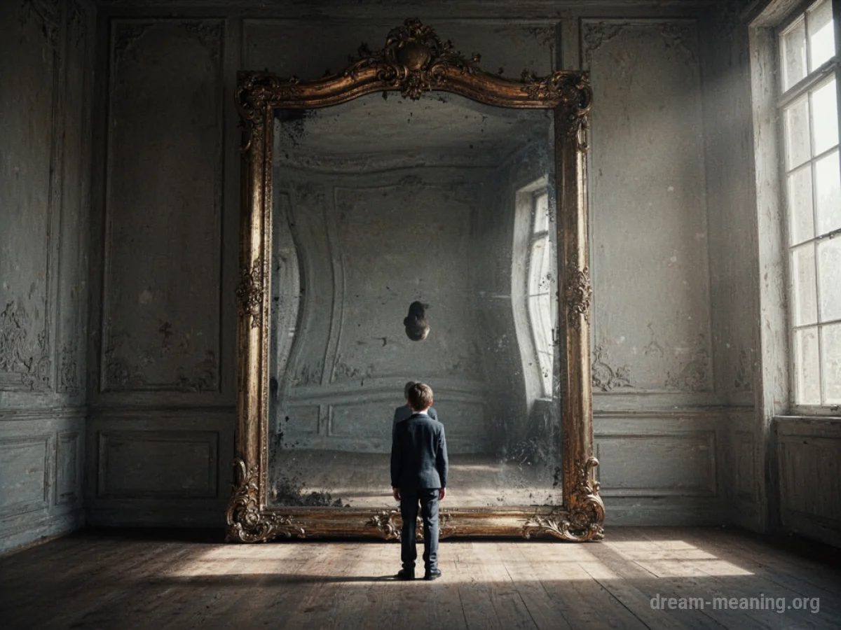 A small silhouette facing a large mirror showing a distorted reflection.