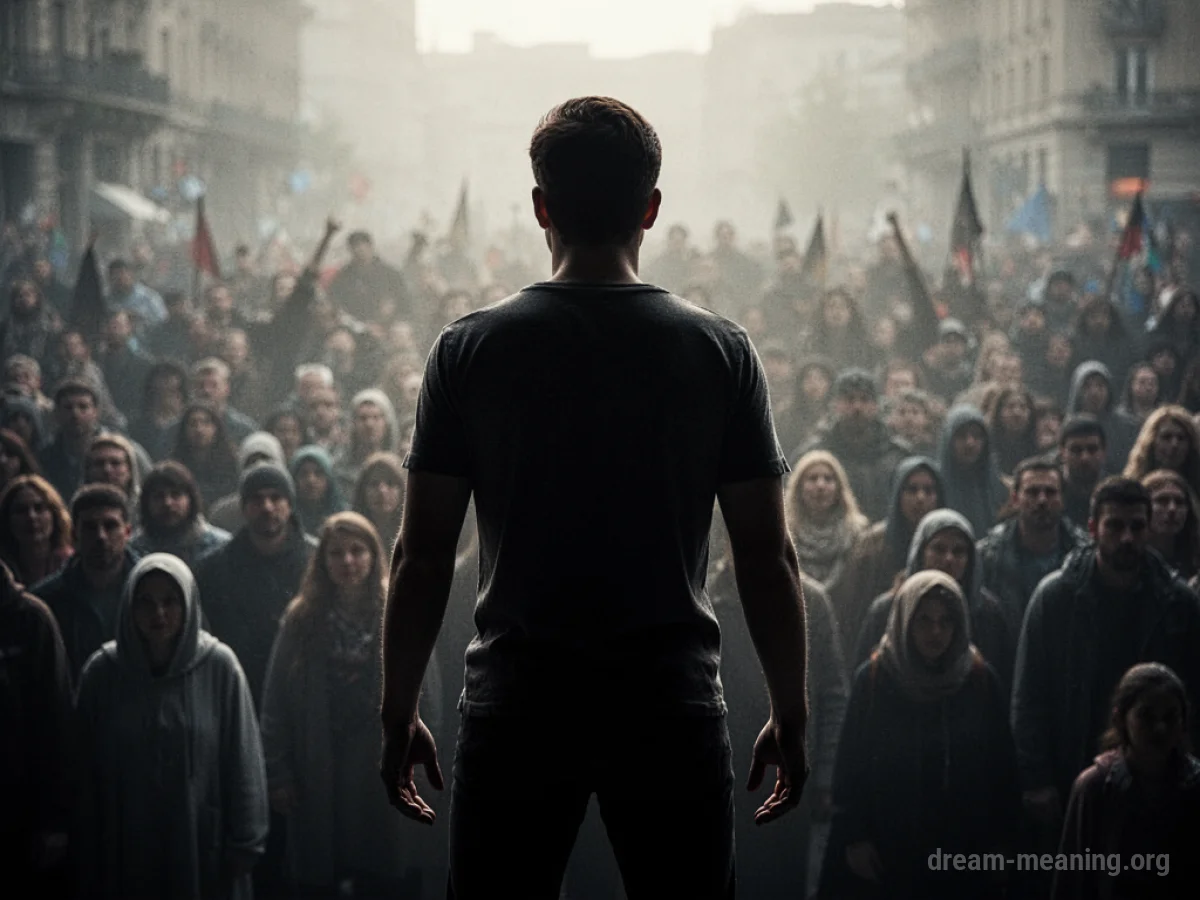 Silhouette of a person facing away from the viewer, confronting a blurry crowd.