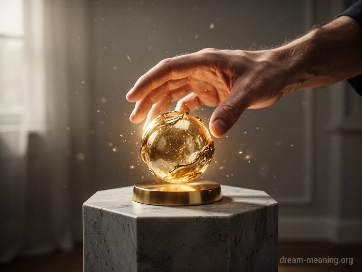 A hand reaching for a golden object.