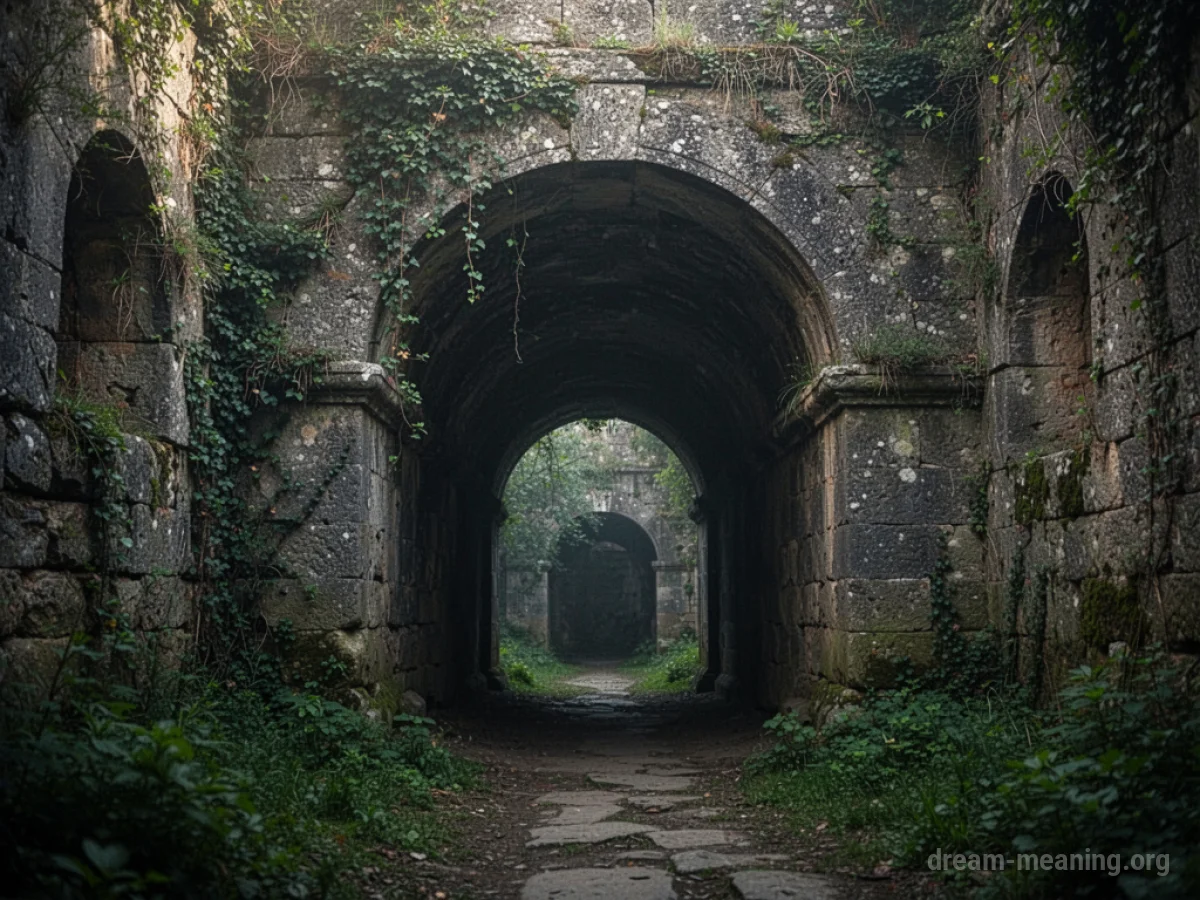 A stone archway leading into ancient ruins covered in vines and plants.
