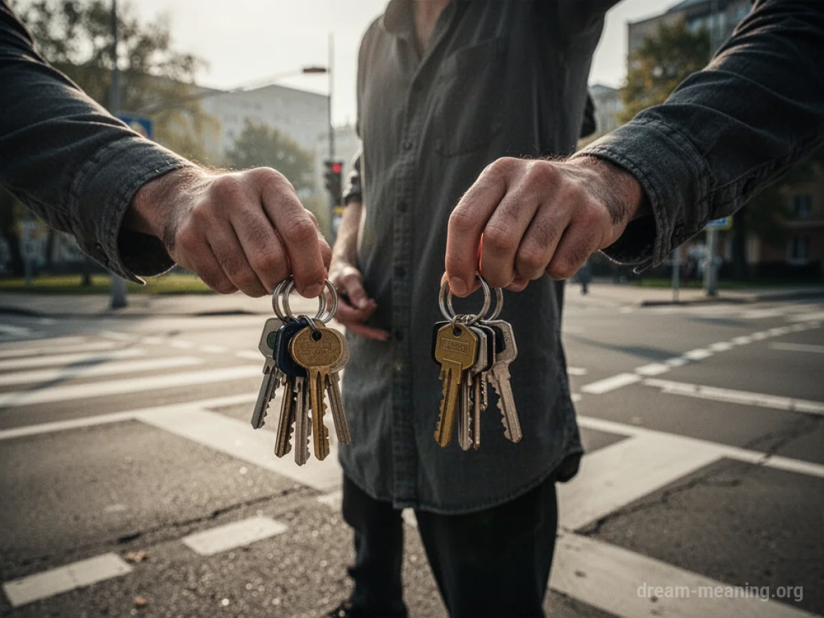 A person stands at a branching path, holding two distinct sets of keys.