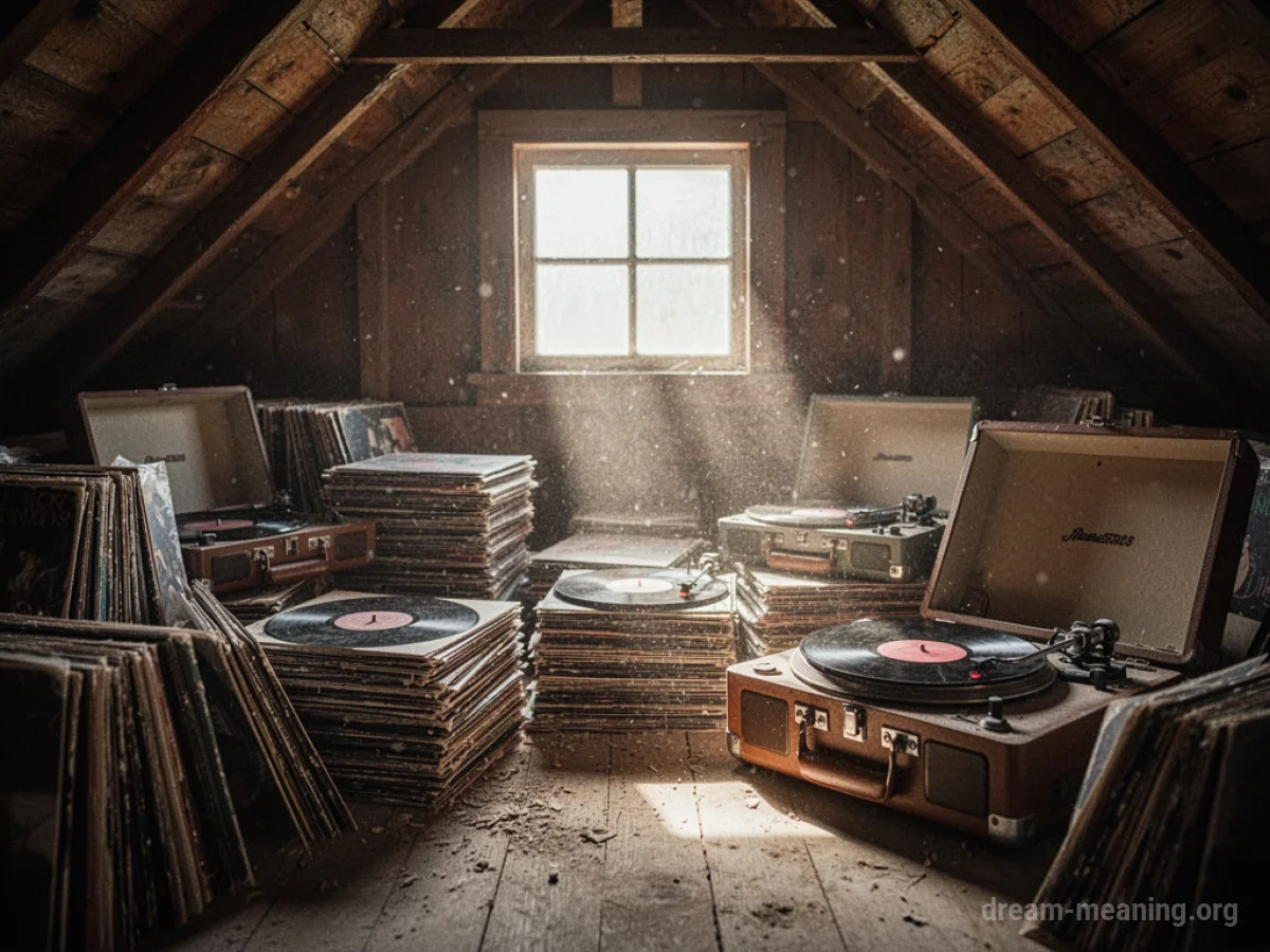 A collection of vintage vinyl records stacked in an attic.