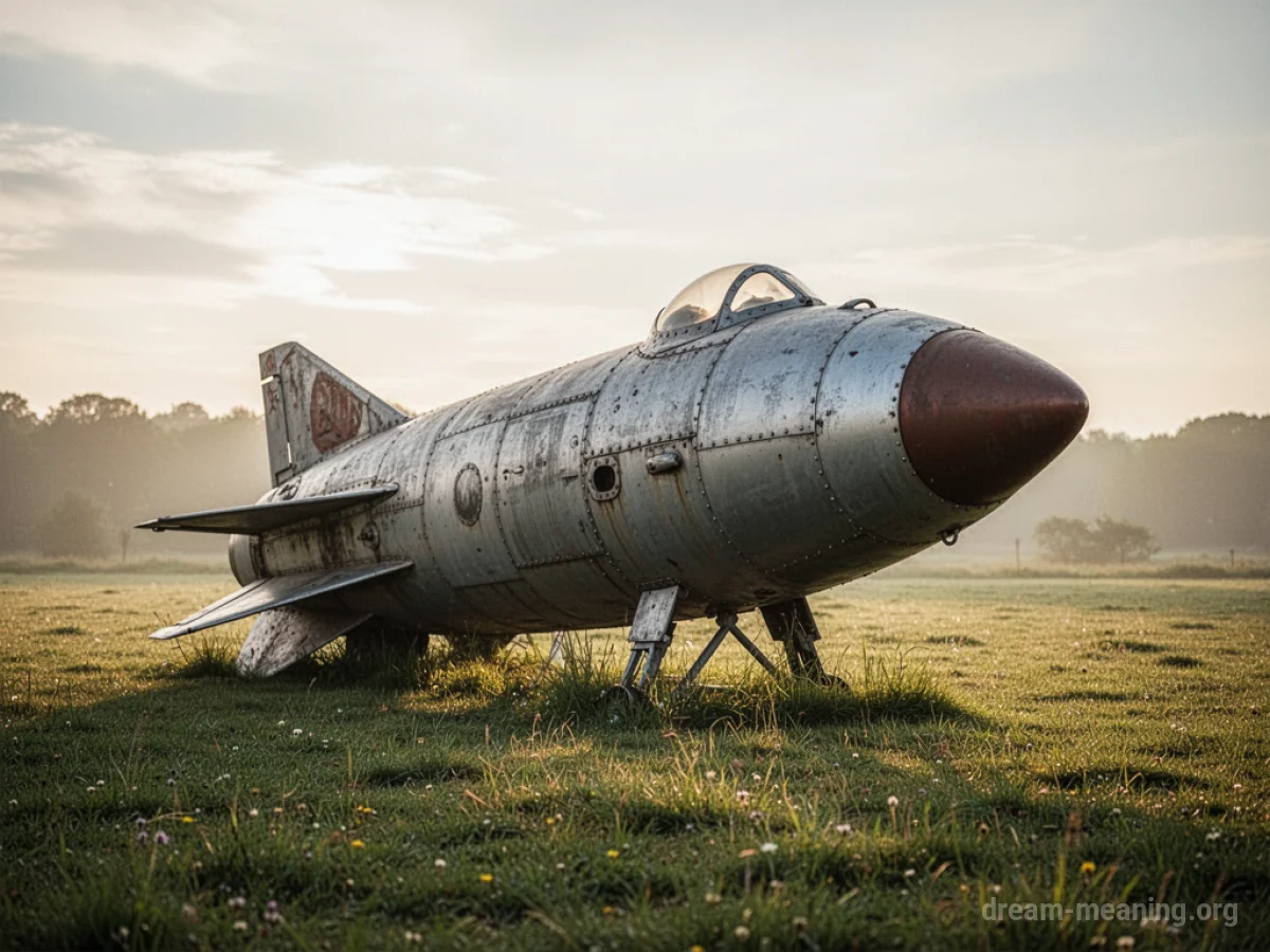 A rocket ship sitting in a field.