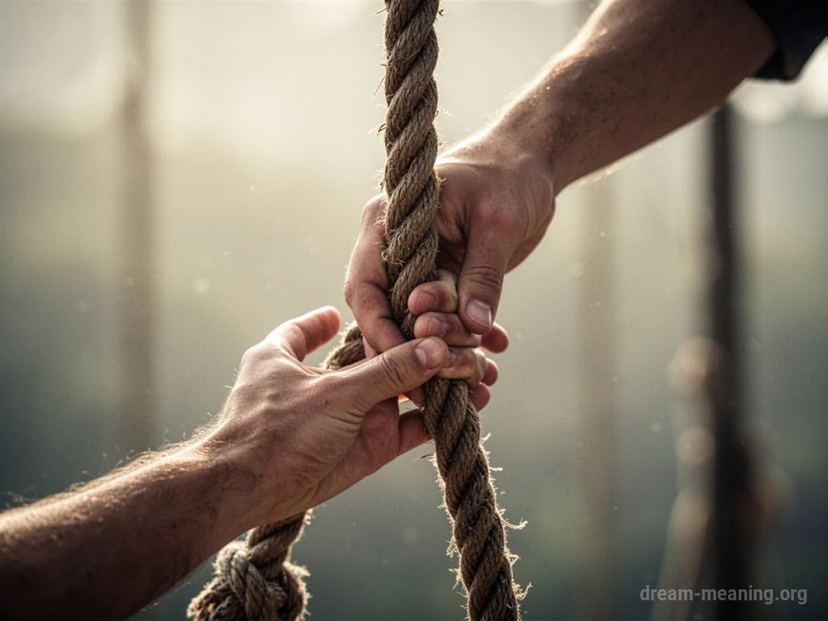 A hand reaching for a dangling rope.
