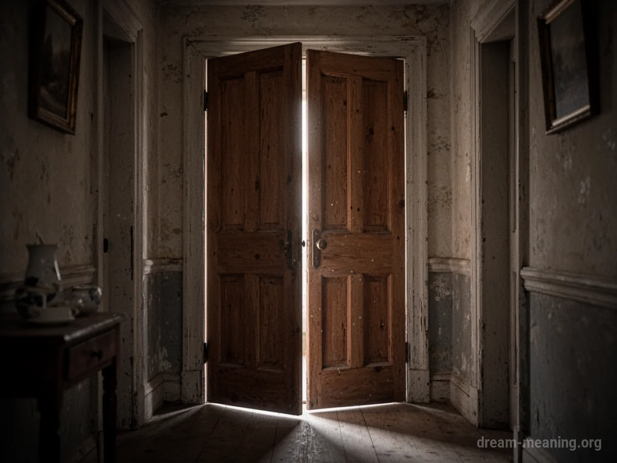 An old wooden door slightly ajar in a dimly lit hallway.