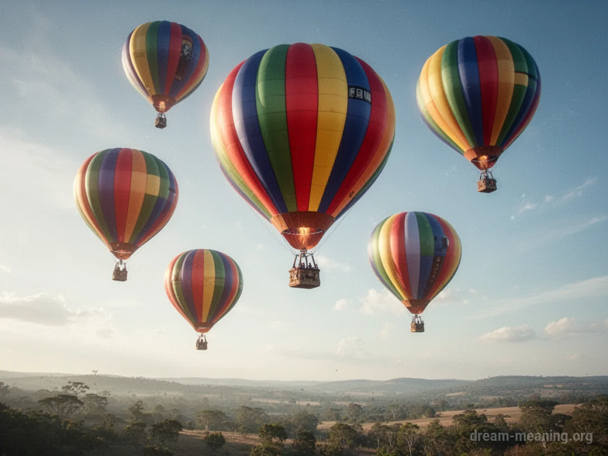 Several hot air balloons ascending into a clear sky.