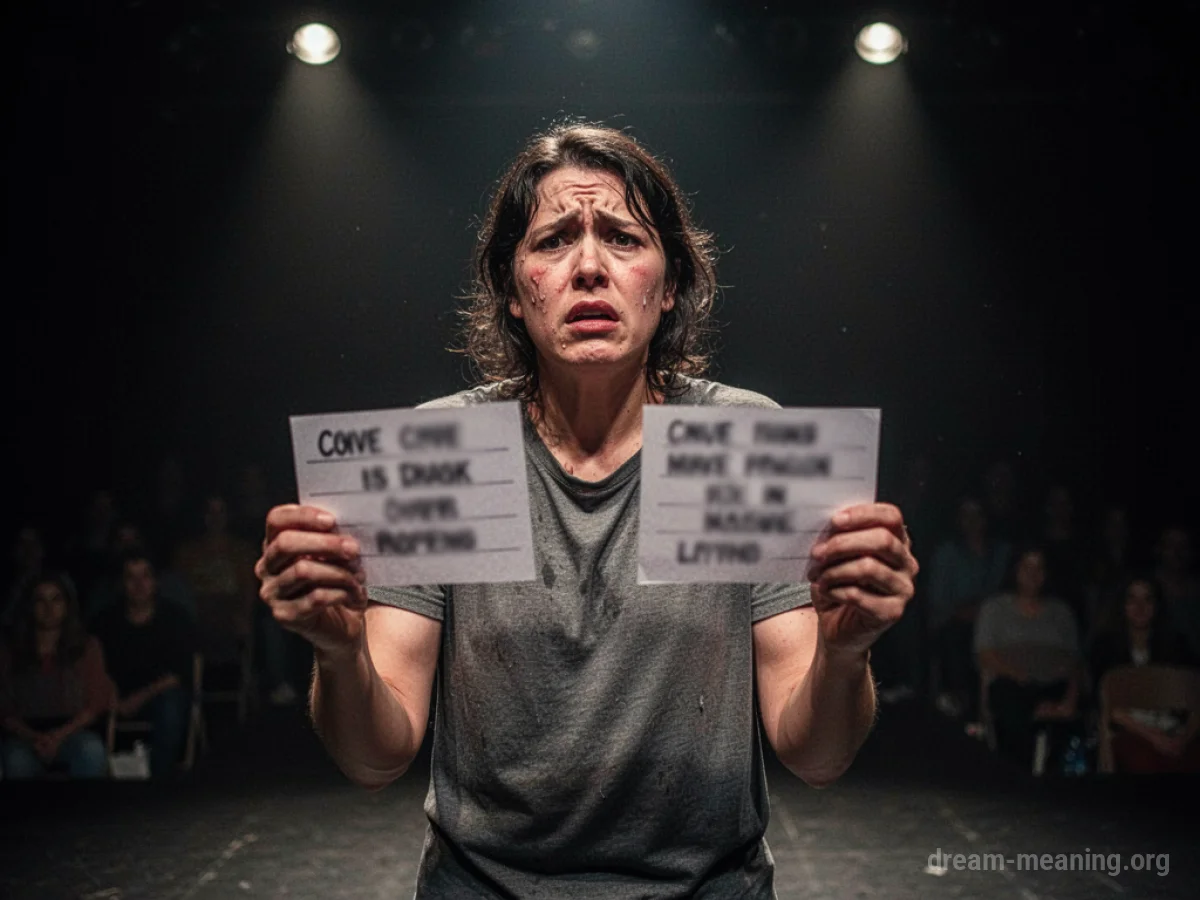 A person on stage holding blurred cue cards.