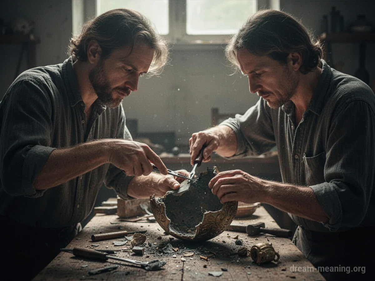 Two people collaborating on fixing a damaged item.