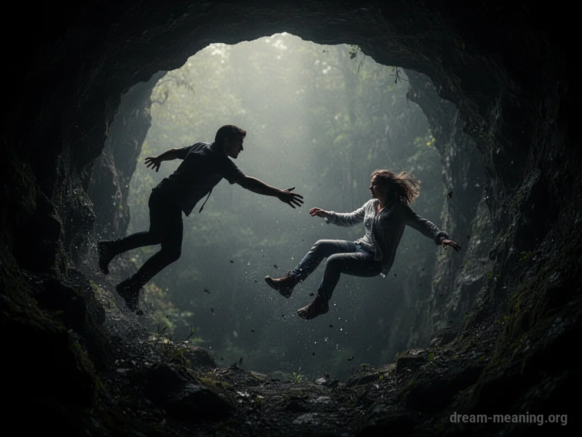 Silhouette of one person reaching towards another person who is falling.