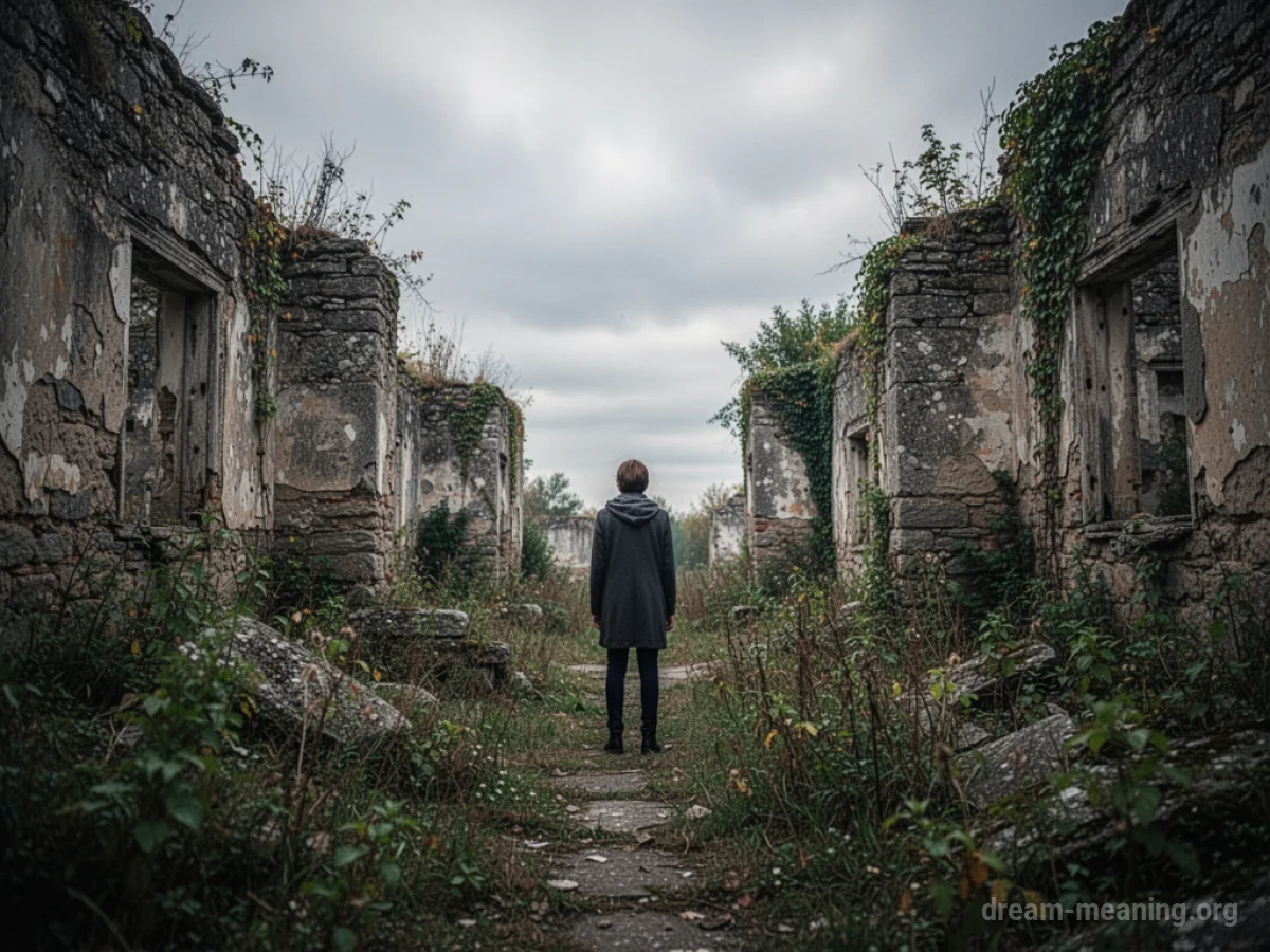 A person standing in a desolate area with broken buildings.