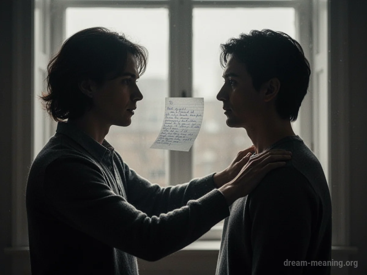 Silhouette of one person touching another's shoulder with a faint note nearby.