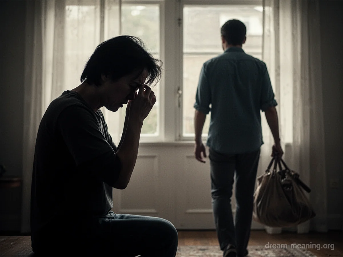 Silhouette of one person watching another person walk away with a bag.