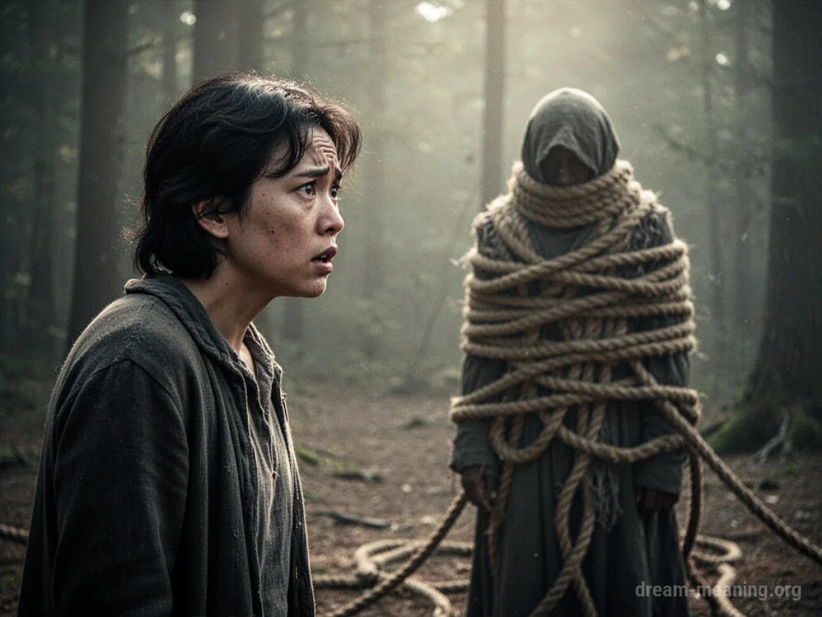A person watches a distant figure bound by ropes.