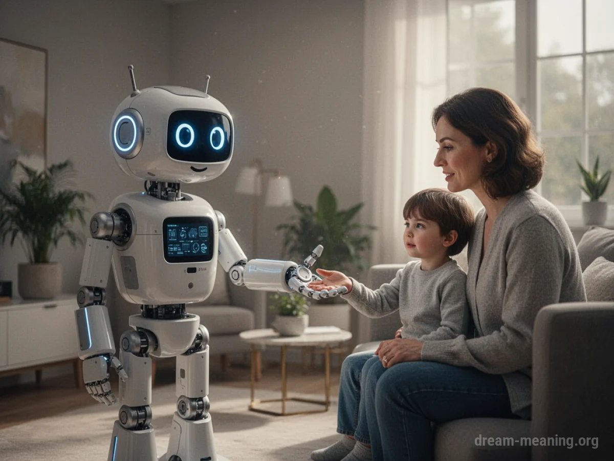 A smiling robot extends its hand towards a person.