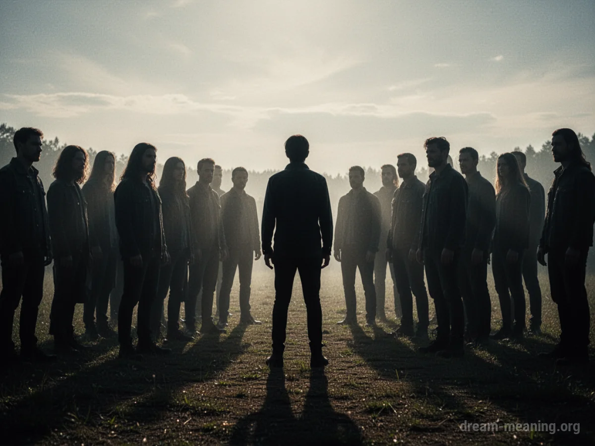 A solitary figure is separated from a group of indistinct people.