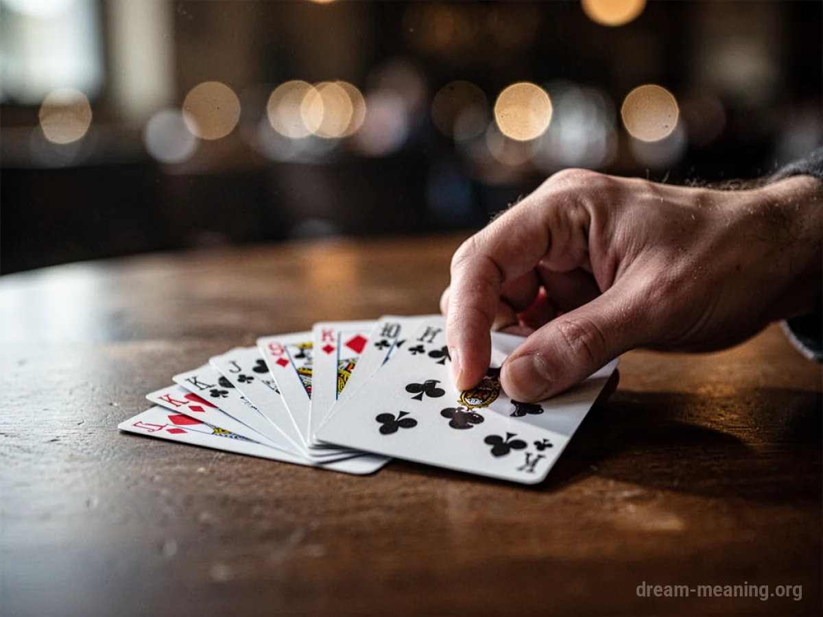 A hand of playing cards on a dark table.