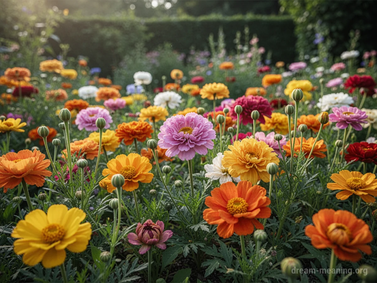A lush garden with many blooming flowers and new buds.