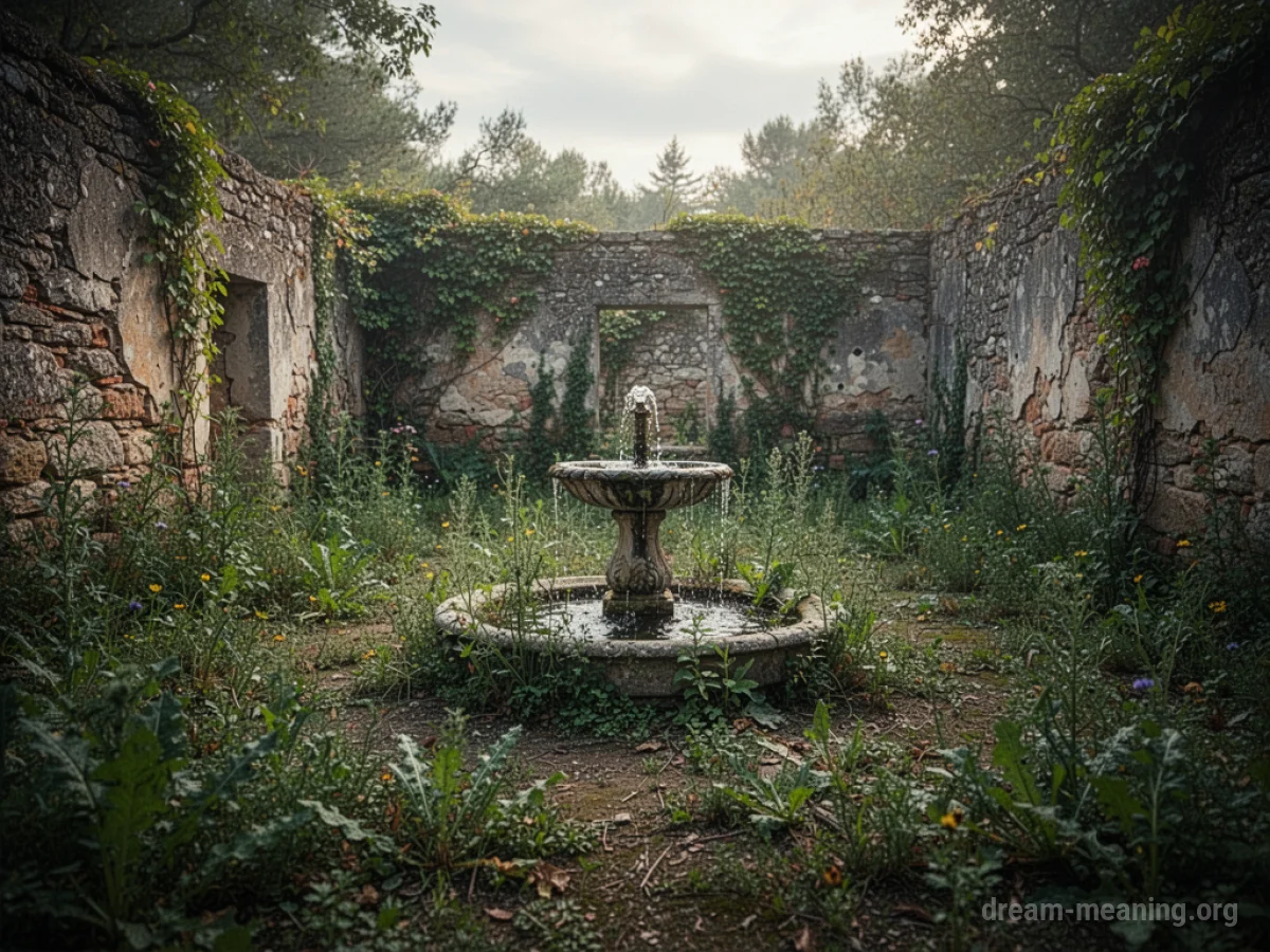 An overgrown garden with broken structures.