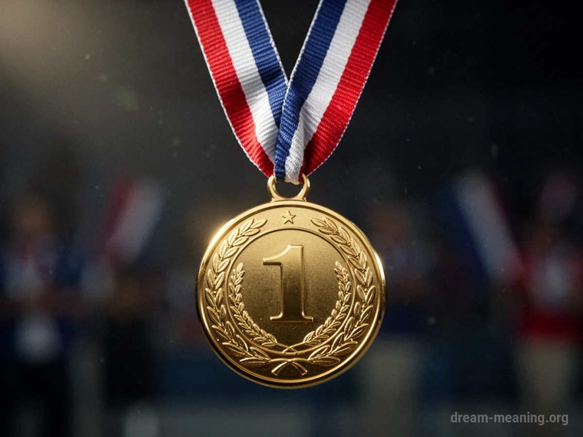 A gold medal with an engraved design, hanging from a striped ribbon.